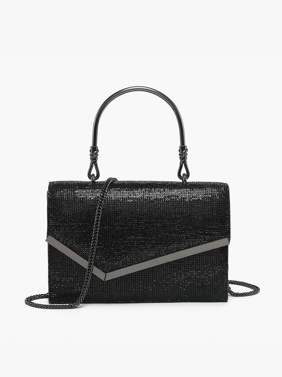 Daphne Asymmetrical Flapover Rhinestone Crossbody - Black or Silver