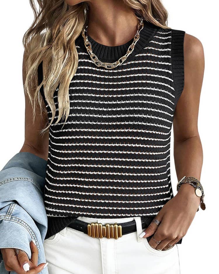 Casual Round Neck Sleeveless Striped Knit Tank Top
