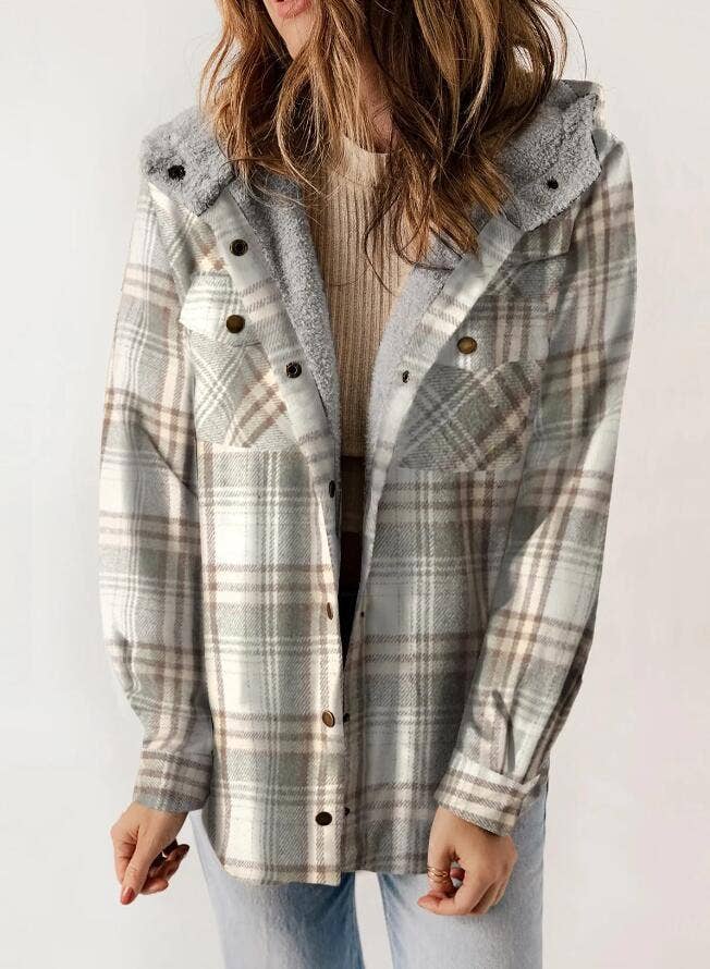 Plaid Long Sleeve Fur Hooded Jacket - Grey
