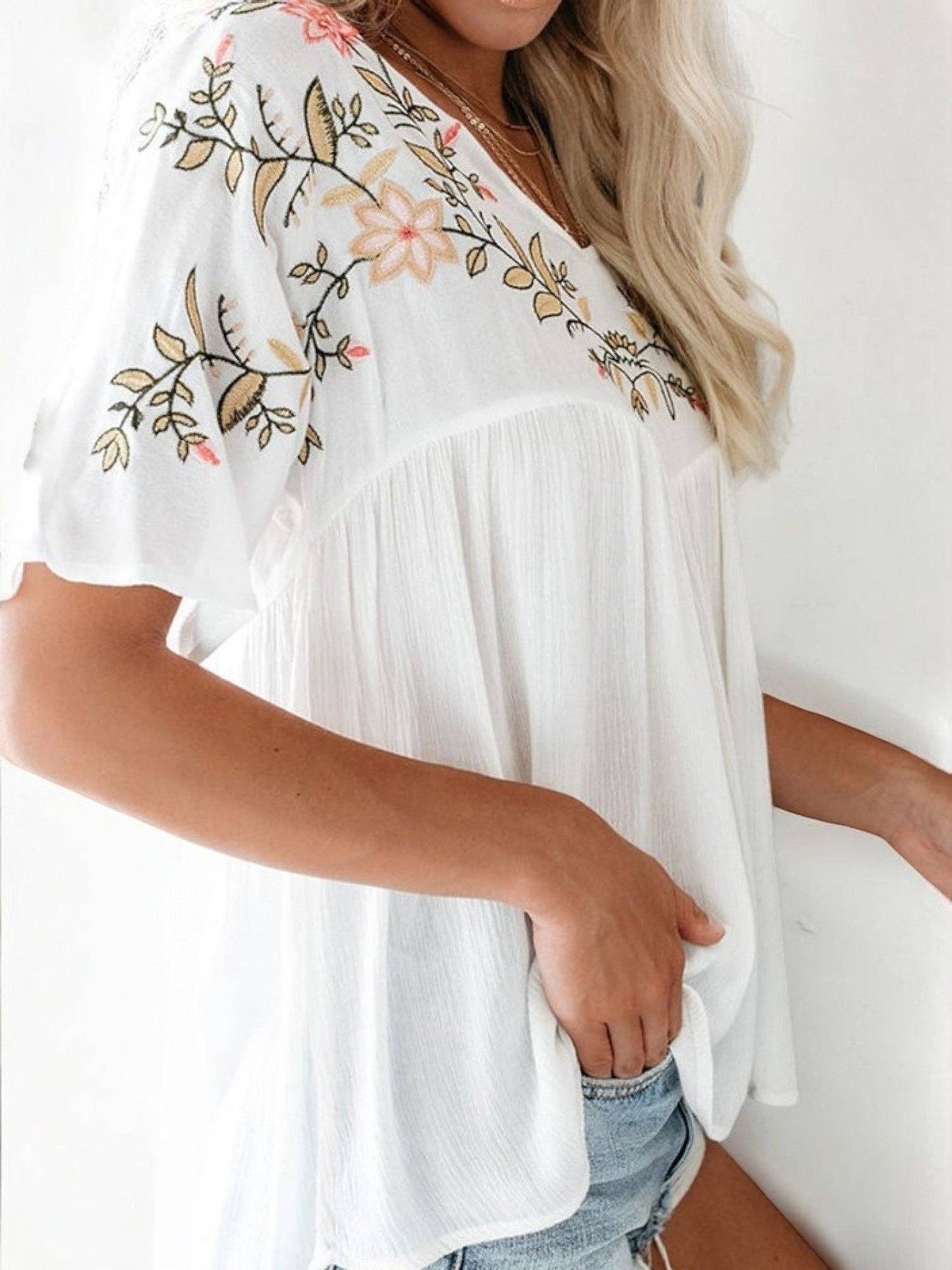 Sale - Short Sleeve V-Neck Embroidered Floral Blouse