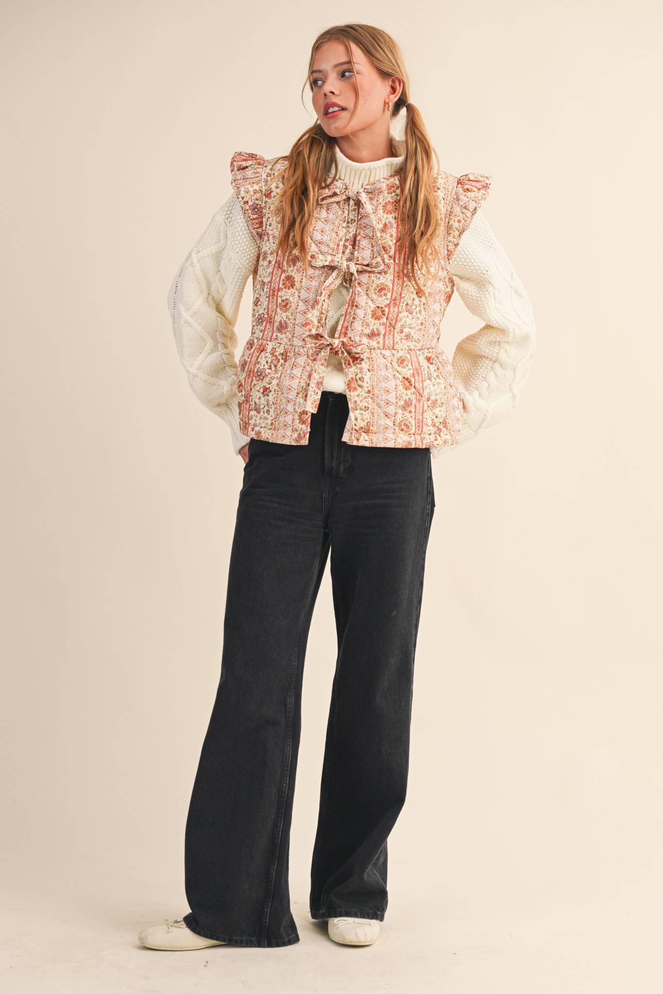 Quilted Floral Vest with Flutter Sleeves