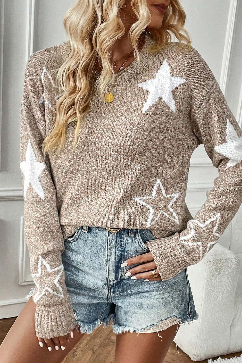 Knit Khaki Star Crew Neck Sweater