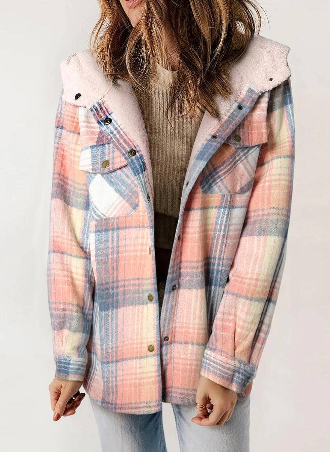 Plaid Long Sleeve Fur Hooded Jacket - Pink