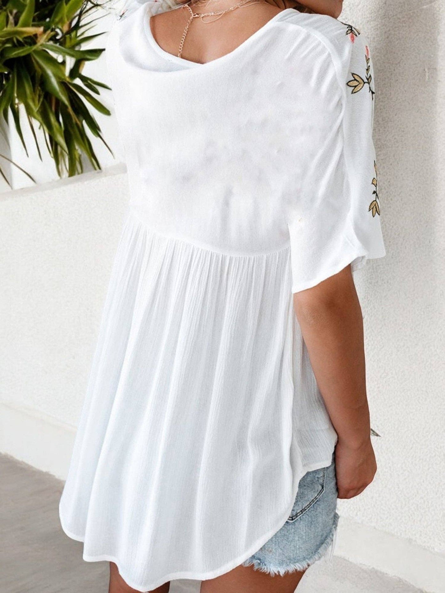 Sale - Short Sleeve V-Neck Embroidered Floral Blouse