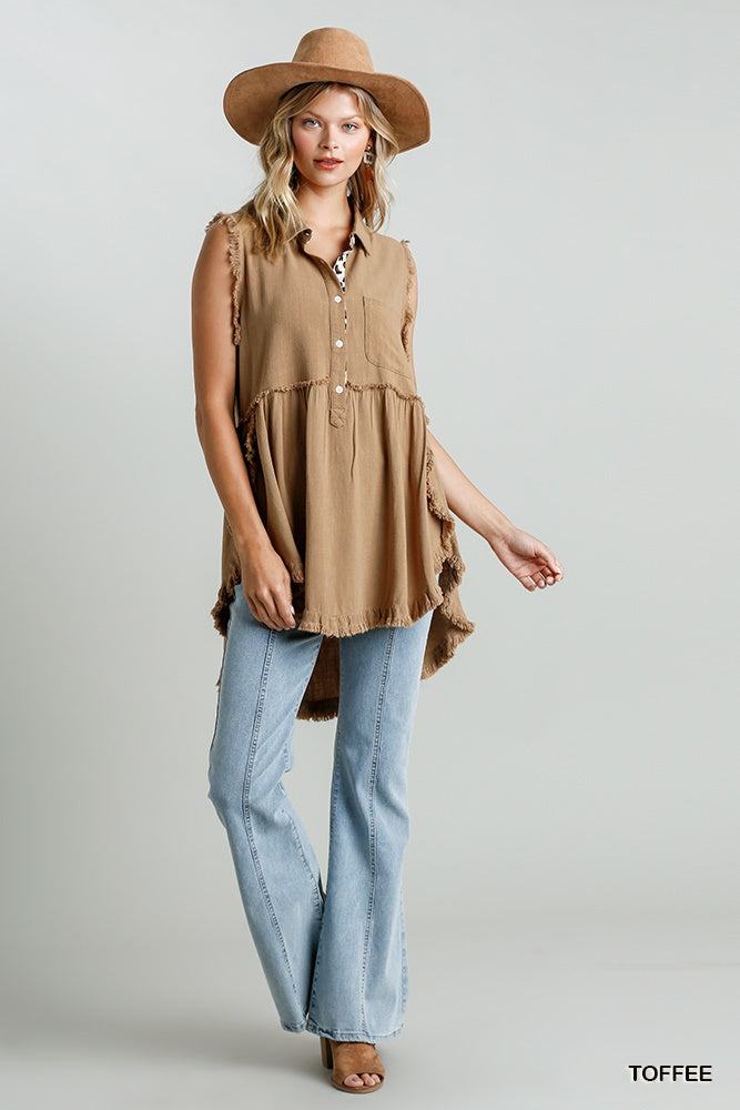 Toffee Linen Sleeveless Button Front Tunic Top