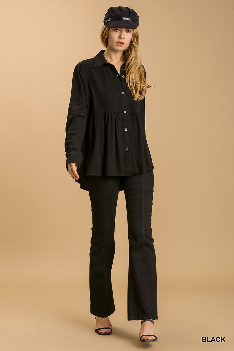 Black Button Down Collar Babydoll Top