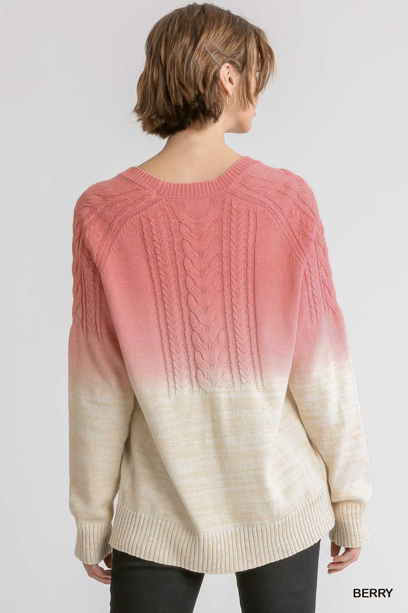 Berry Ombre Dip Dye Cable Knit Pullover Sweater