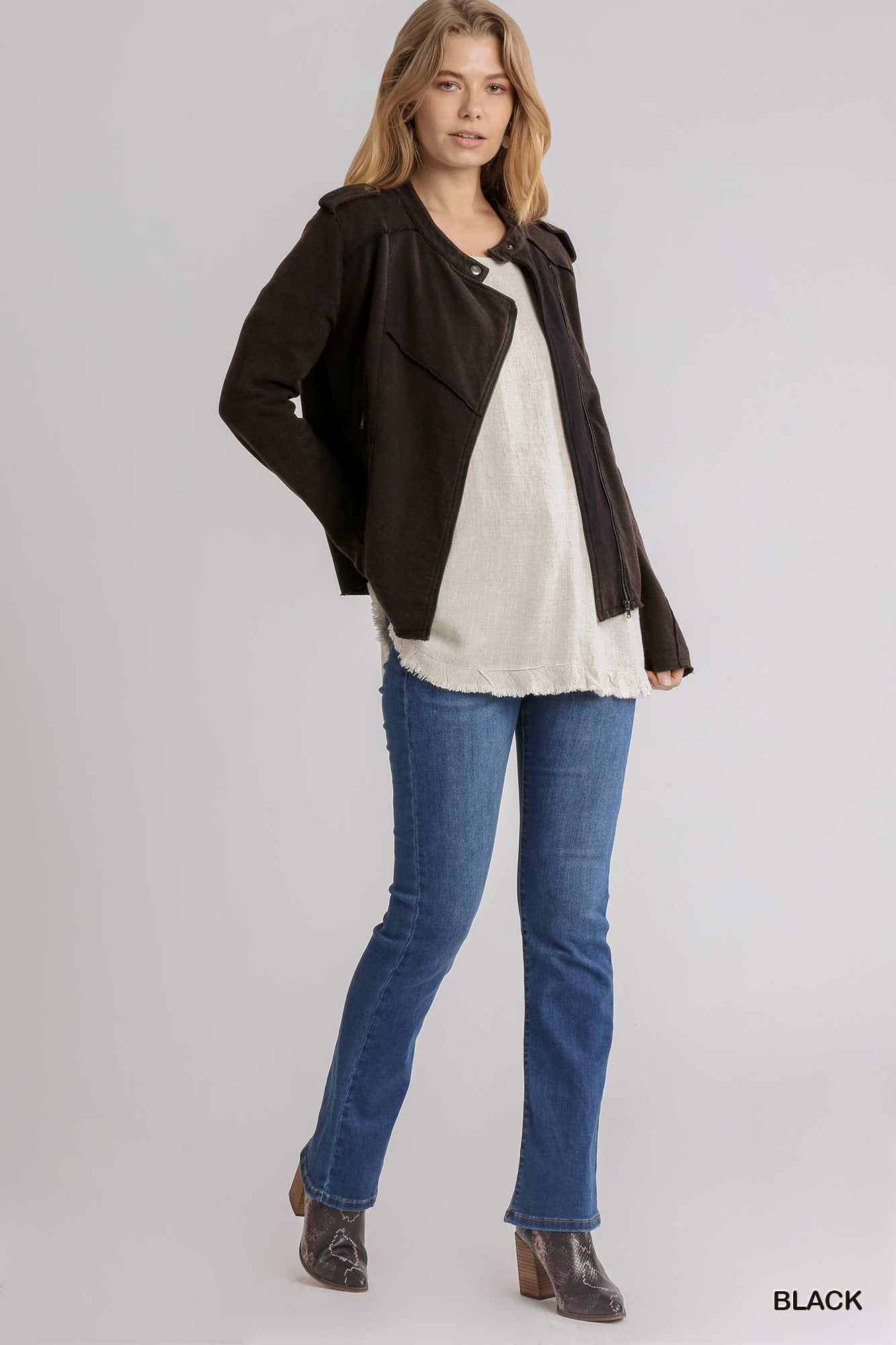 Black French Terry Zip-Up Moto Jacket