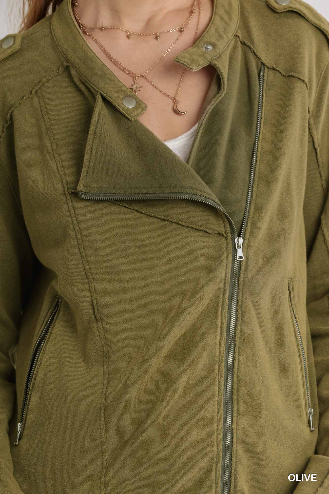 Olive French Terry Zip-Up Moto Jacket