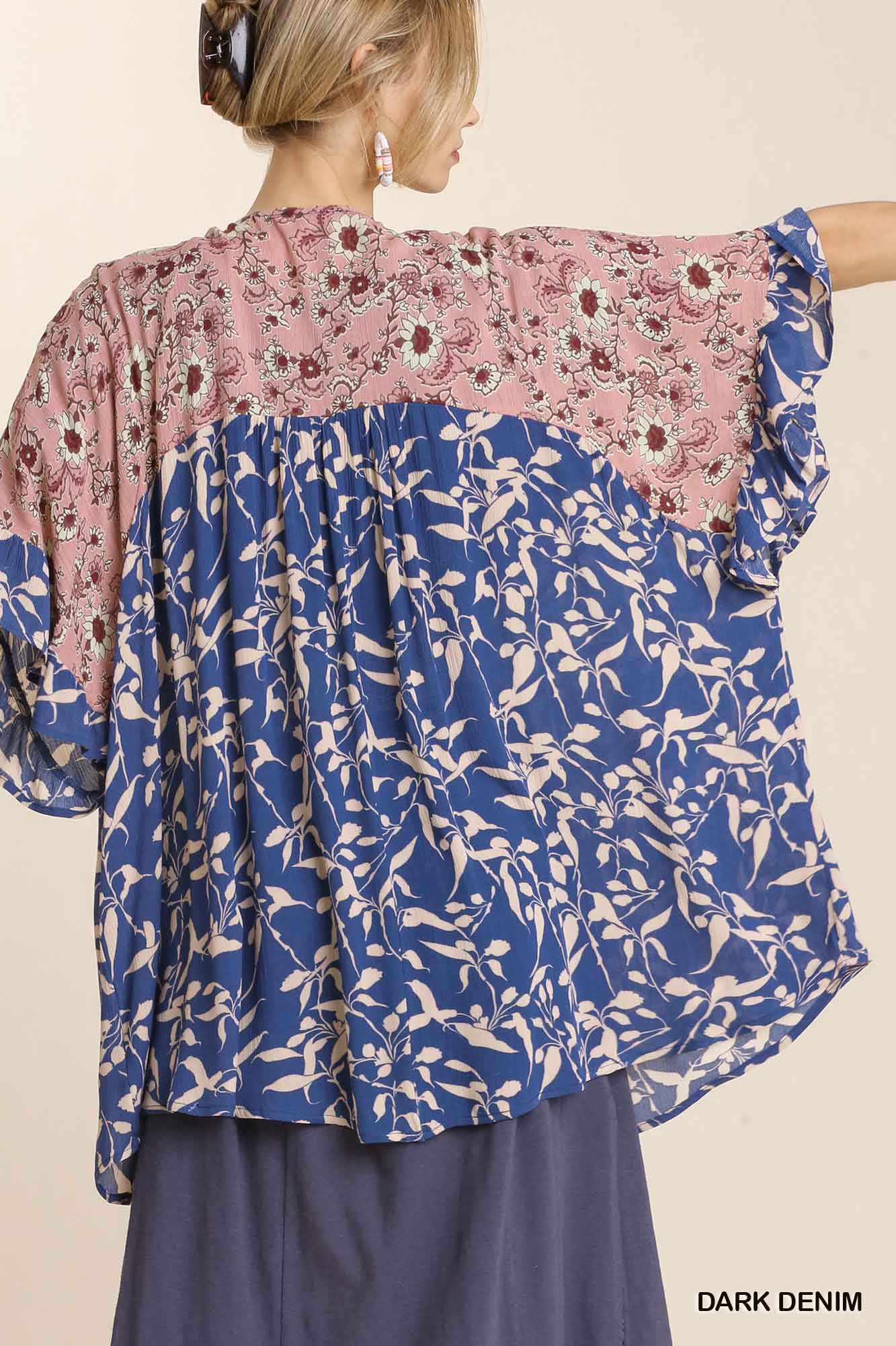 Dark Denim Mixed Print Ruffled Half Sleeve Open Front Kimono