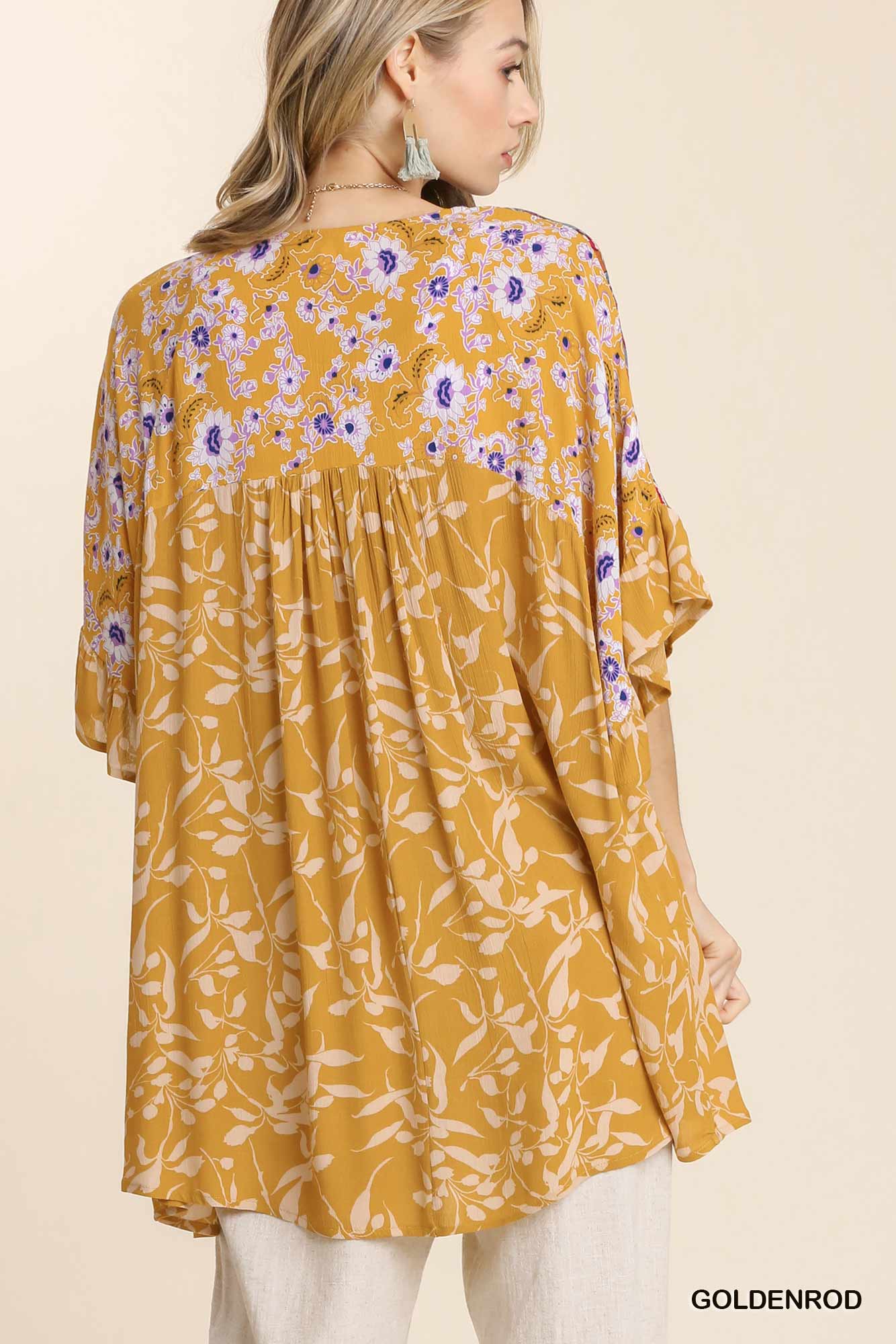 Sale - Goldenrod Mixed Print Ruffled Half Sleeve Open Front Kimono