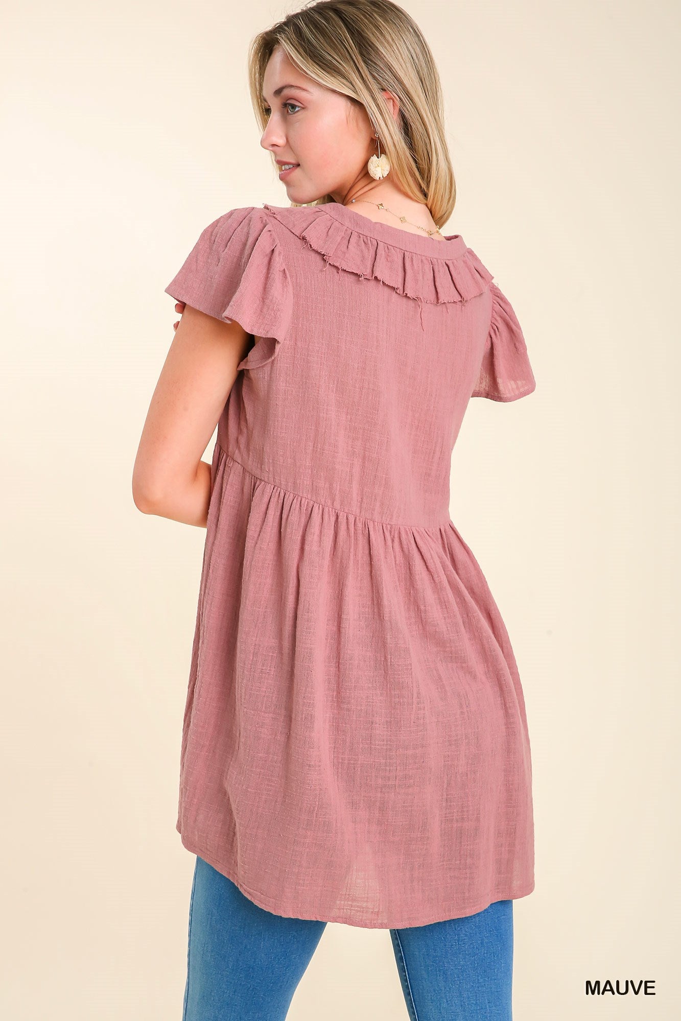 Sale - Mauve Ruffle Neck Collar Tunic Top Dress