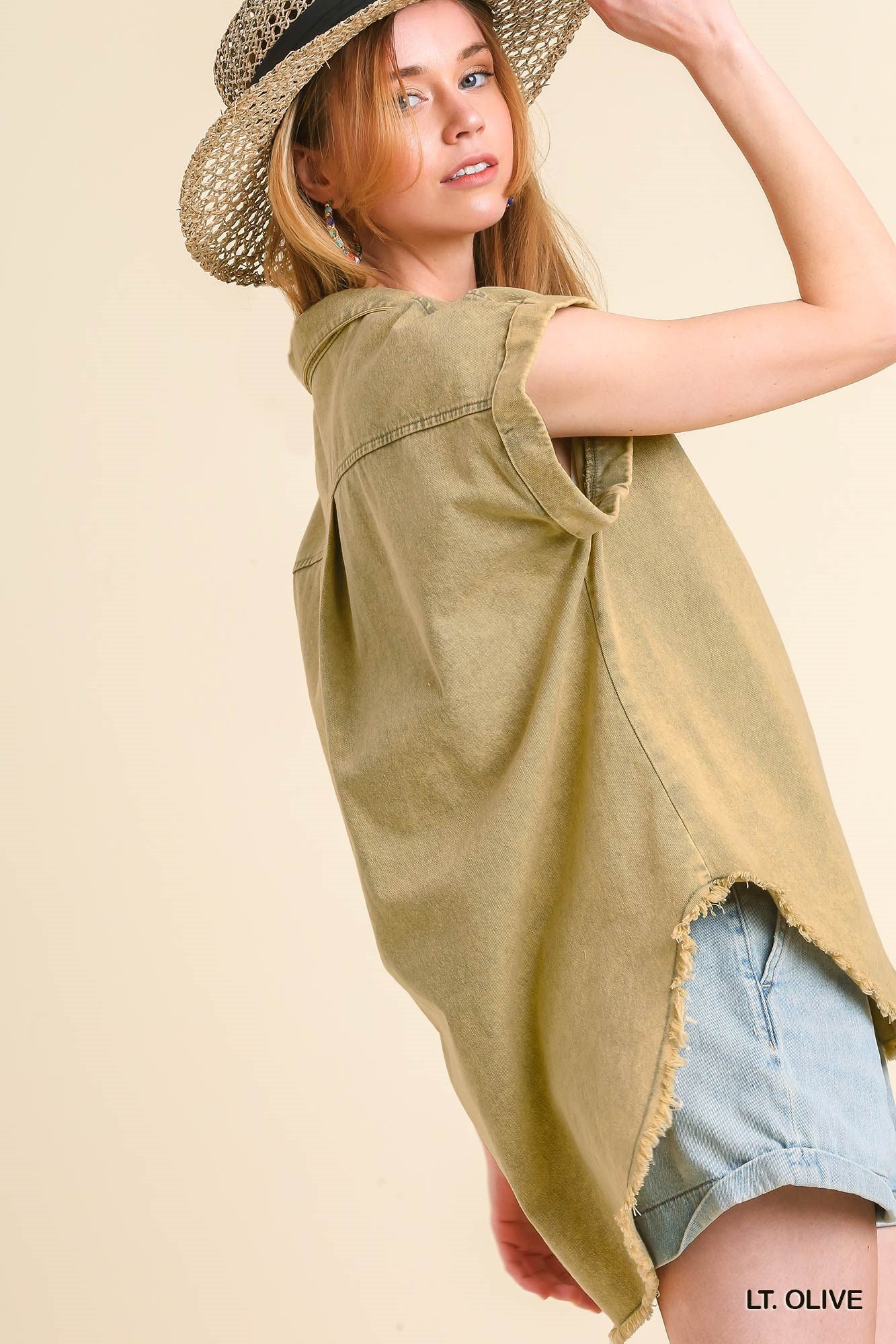 Light Olive Denim Button Up Top