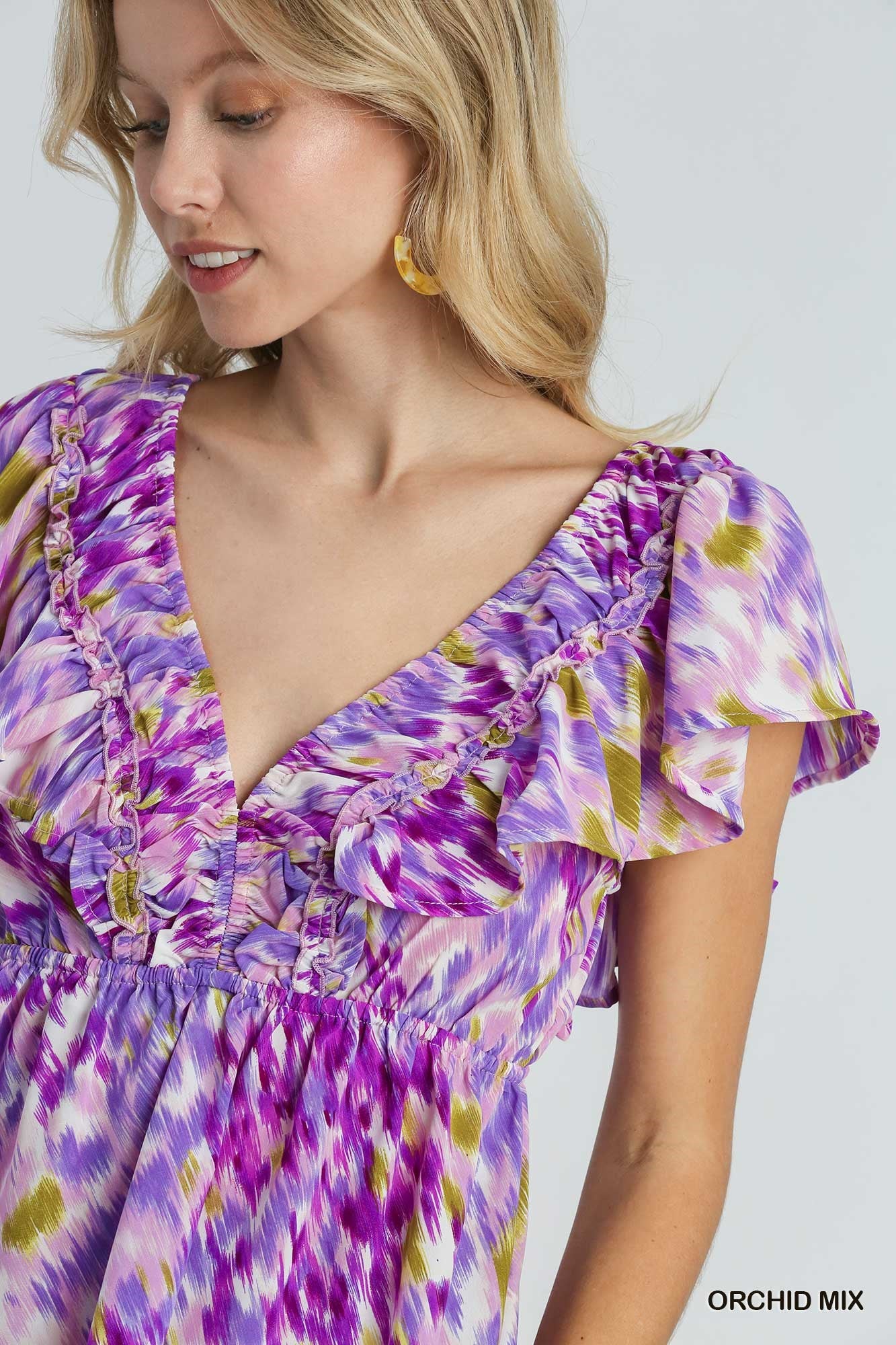 Orchid Mix V Neck Ruffle Sleeve Flutter Top