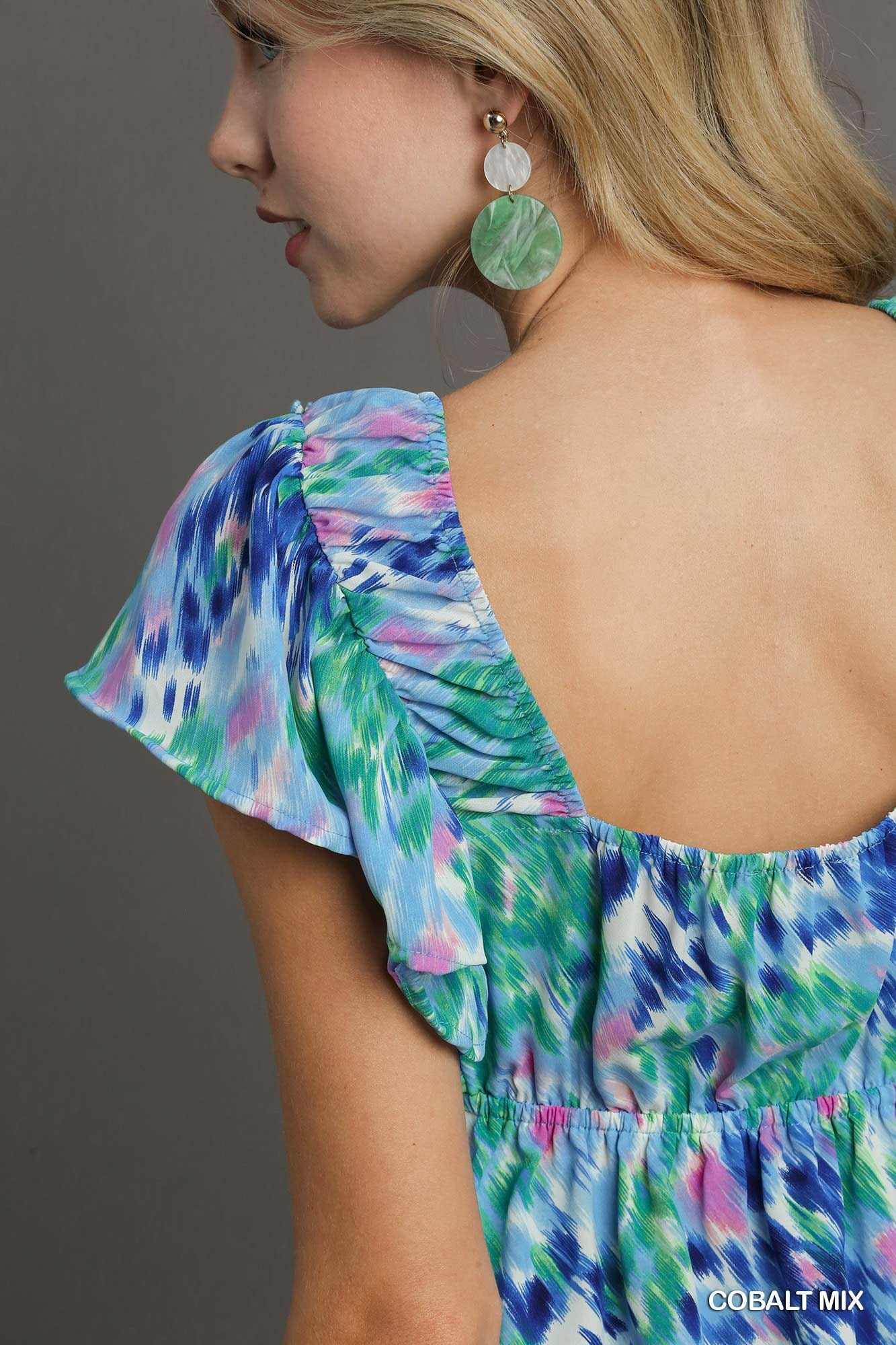 Cobalt Mix V Neck Ruffle Sleeve Flutter Top