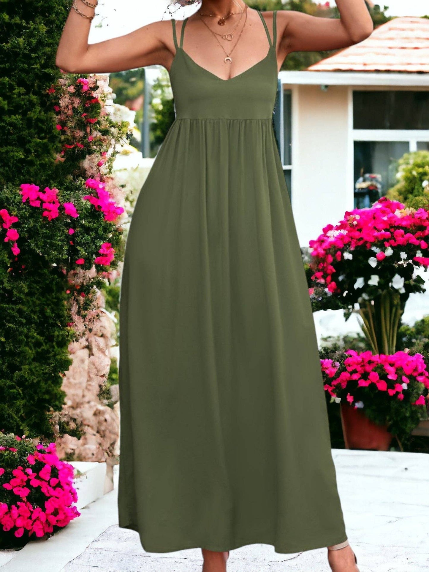 Olive Double Strap Tie Bag Long Dress