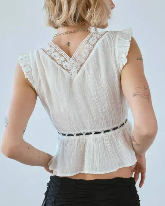 Lace Trim Flutter Sleeve Tie-Front Babydoll Top