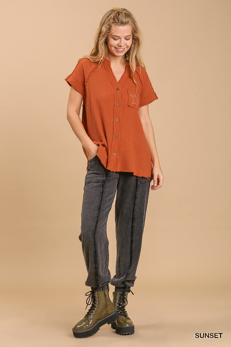 Sunset Split Neck Short Sleeve Top