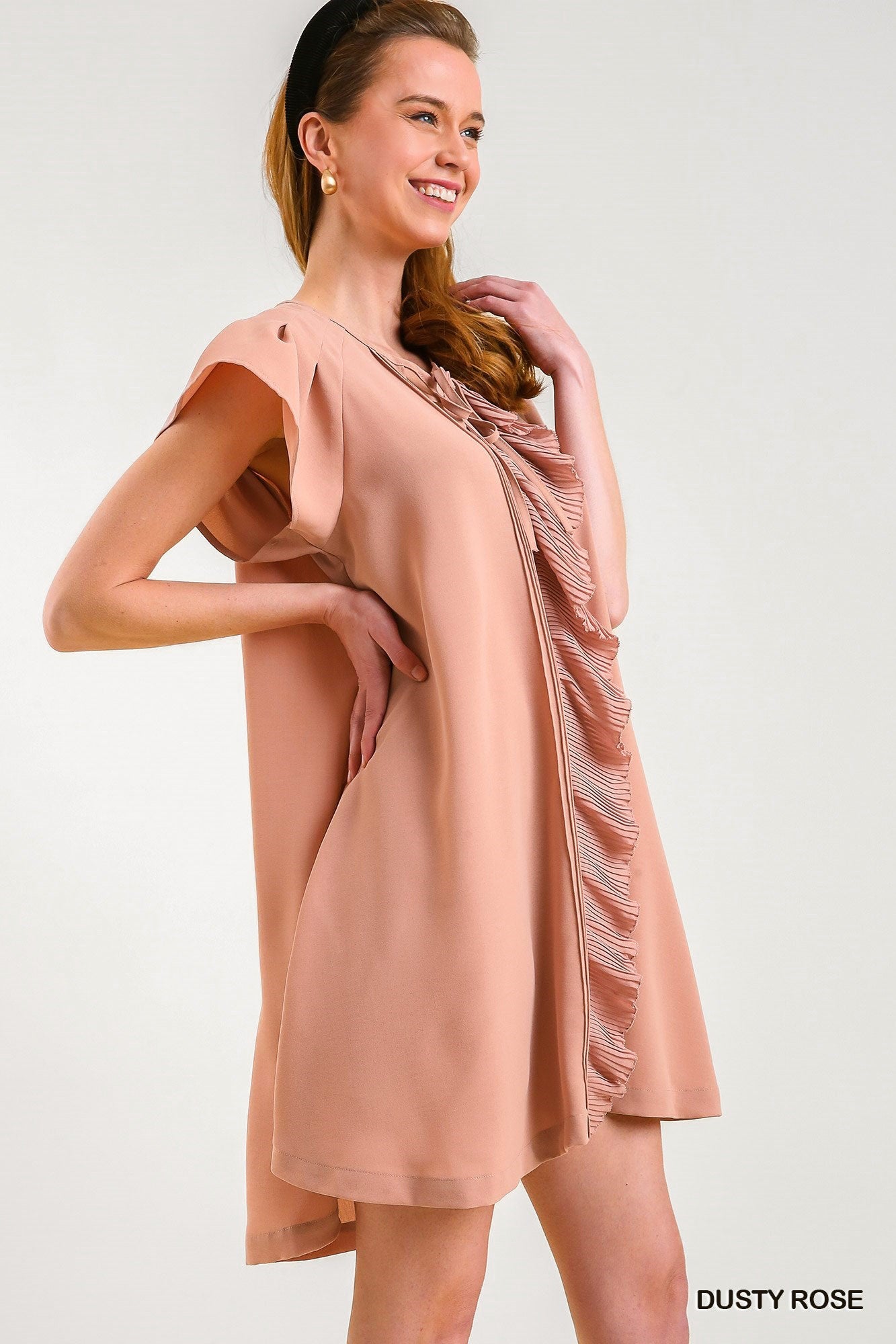 Dusty Rose Front Pleated Ruffle Trim Bodice Detail Dress