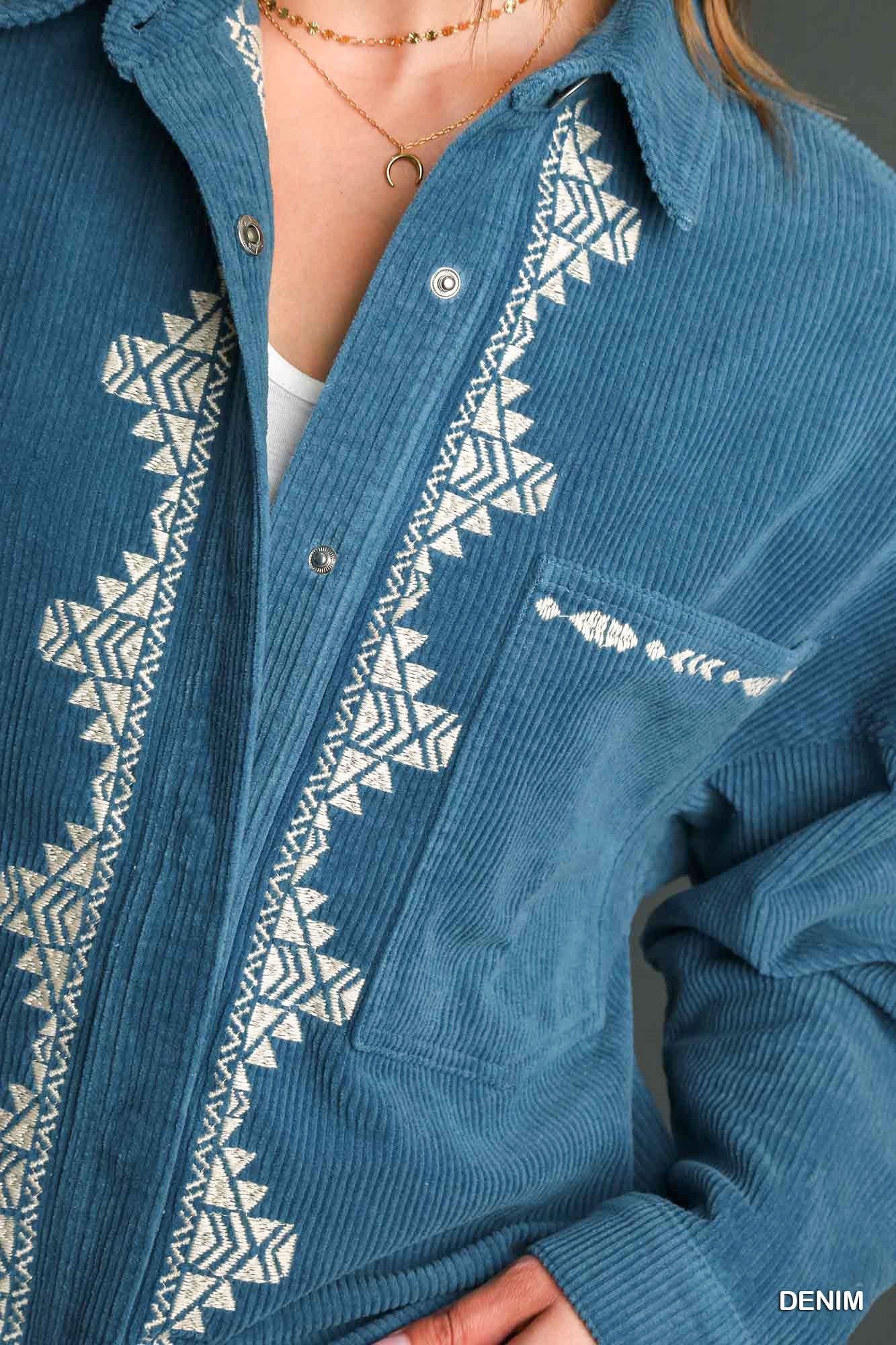 Blue Corduroy Embroidered Shacket