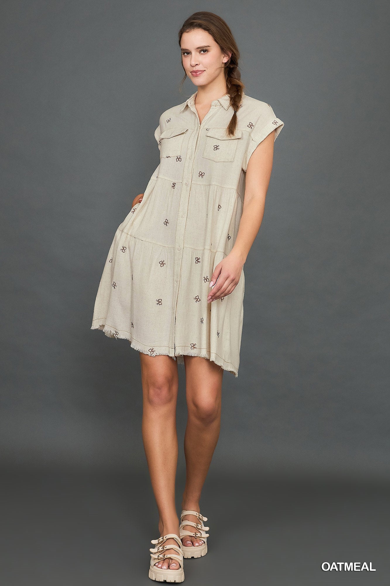 Oatmeal Bow Linen Blend Ribbon Embroidered Shirt Dress