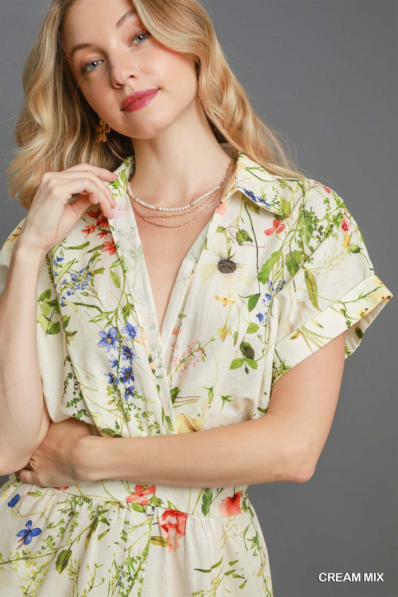 Cream Floral Print Button Down Midi Dress