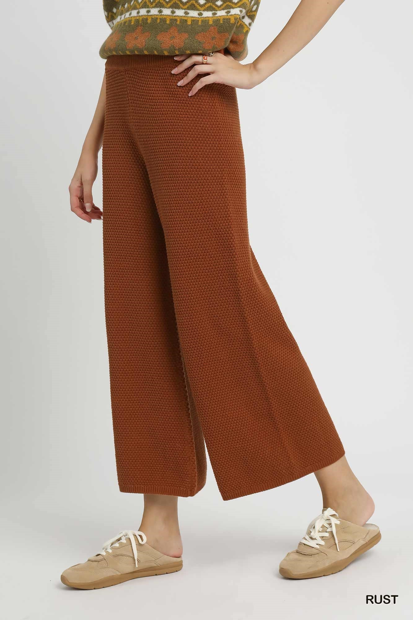 Rust Textured Knit Wide Leg Pants