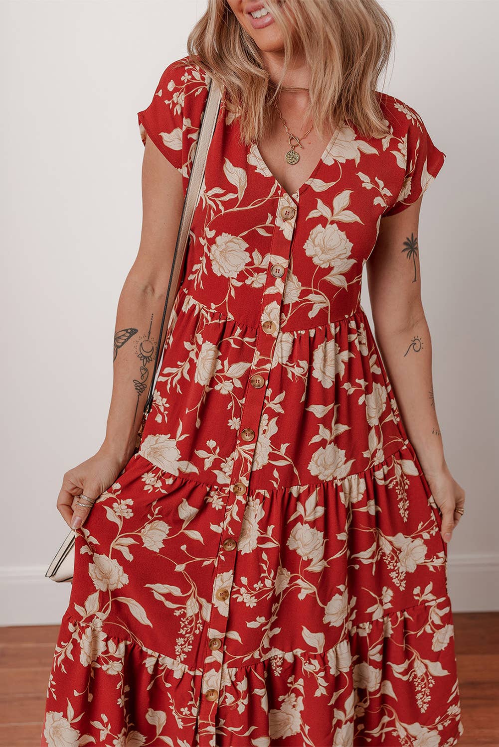 Red Floral Print Buttoned Front V Neck Tiered Dress