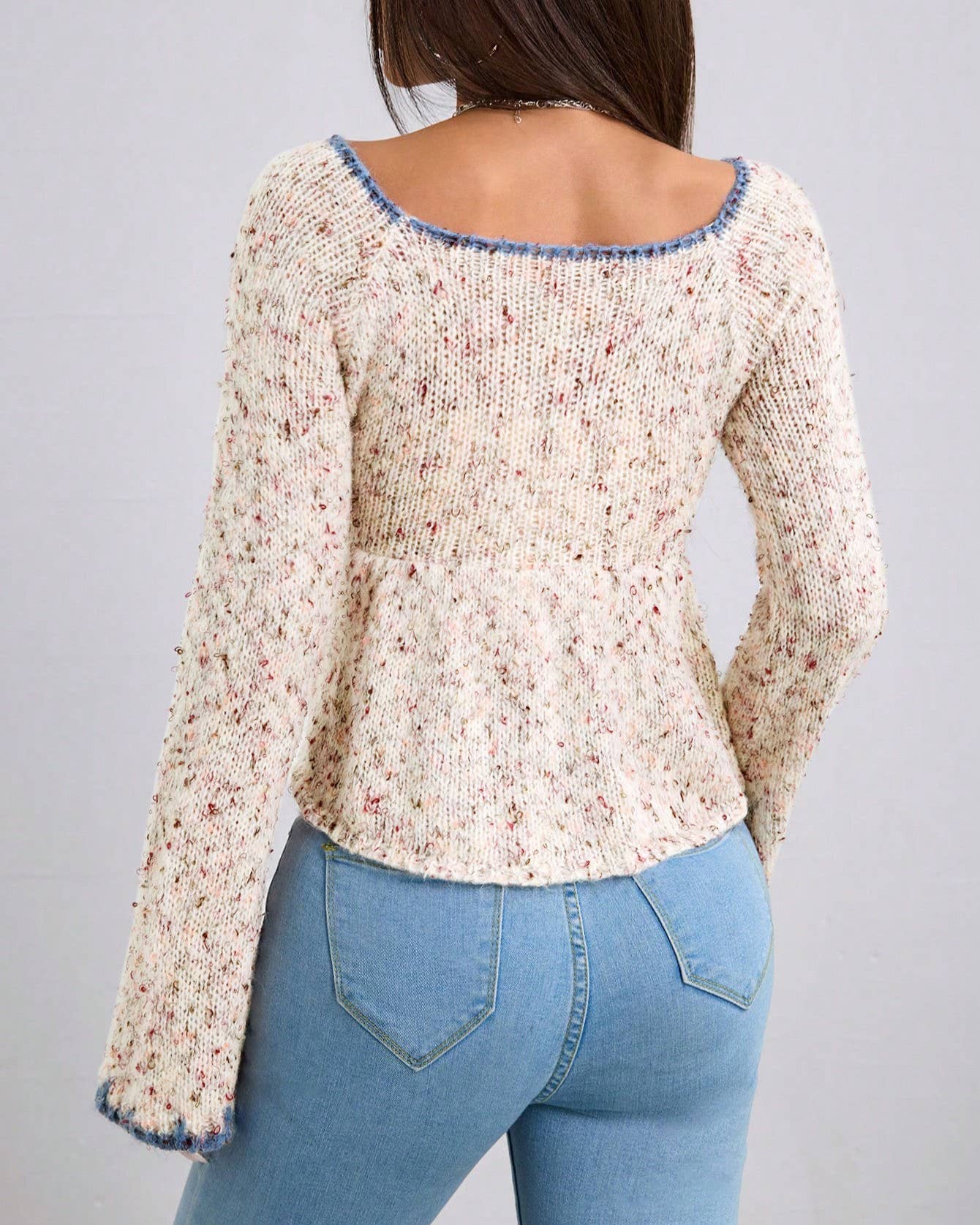 Elegant And Sweet Lace-Up Trumpet Sleeve Knitted Top
