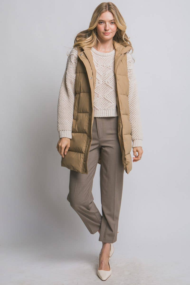 Sage Green Hooded Long Quilted Puffer Vest