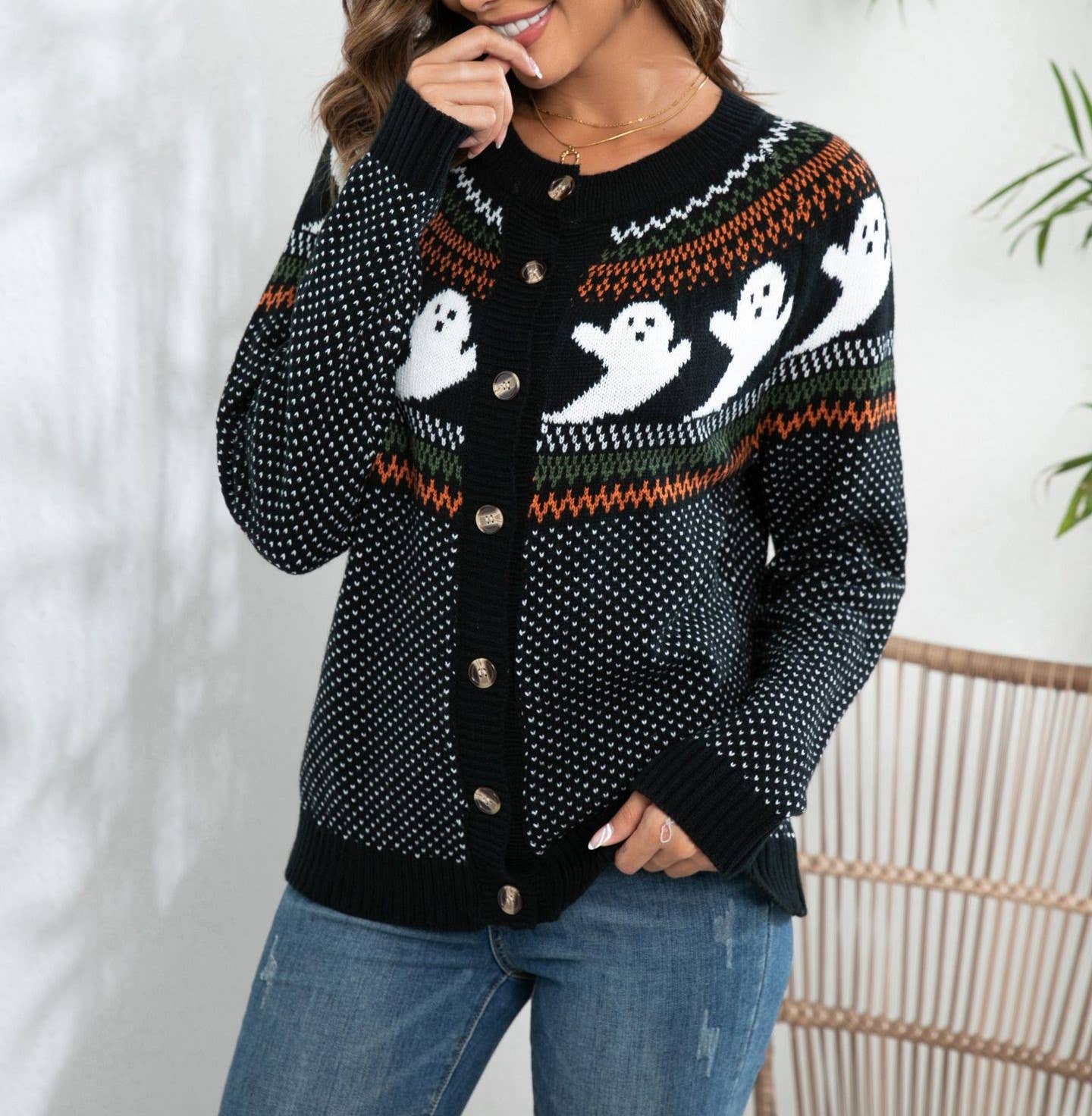 Halloween Ghost Vintage Style Polka Dot Knit Cardigan