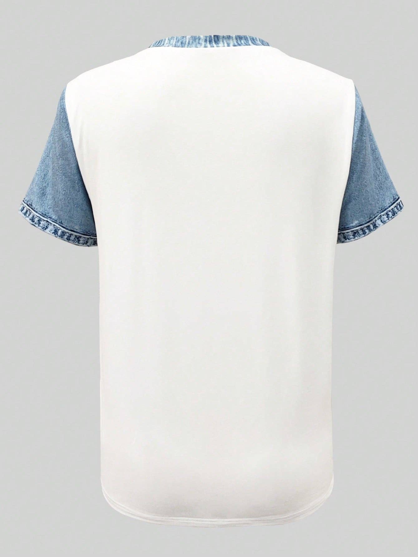 Faux Denim Colorblock Crew Neck Casual Tee