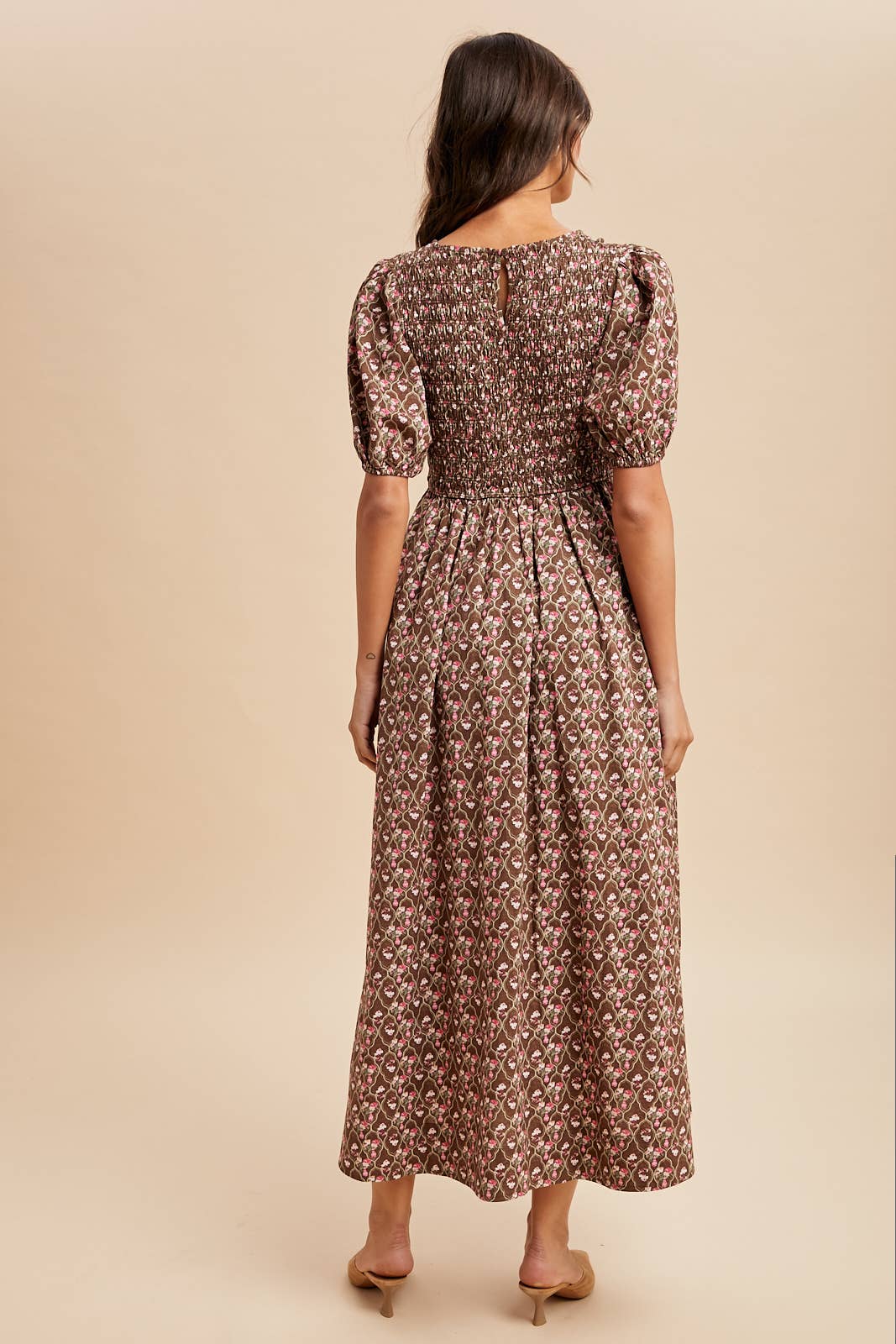 Sale - Mocha Smocked Cotton Floral Maxi Dress