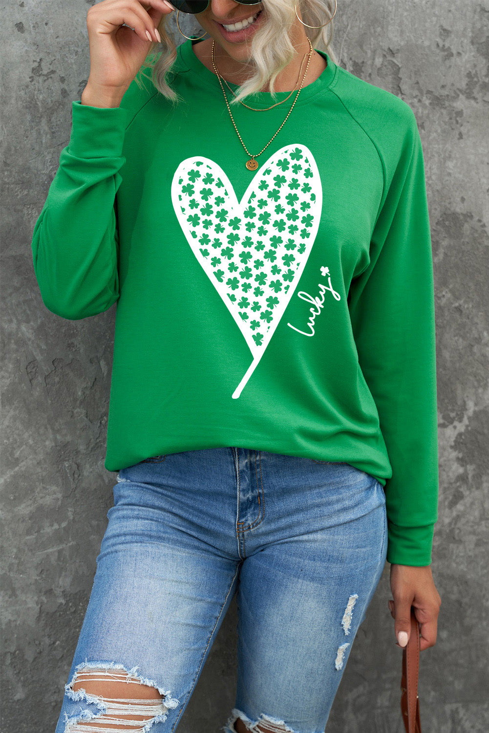 Sale - Lucky Clover Heart Graphic Raglan Sleeve Sweatshirt