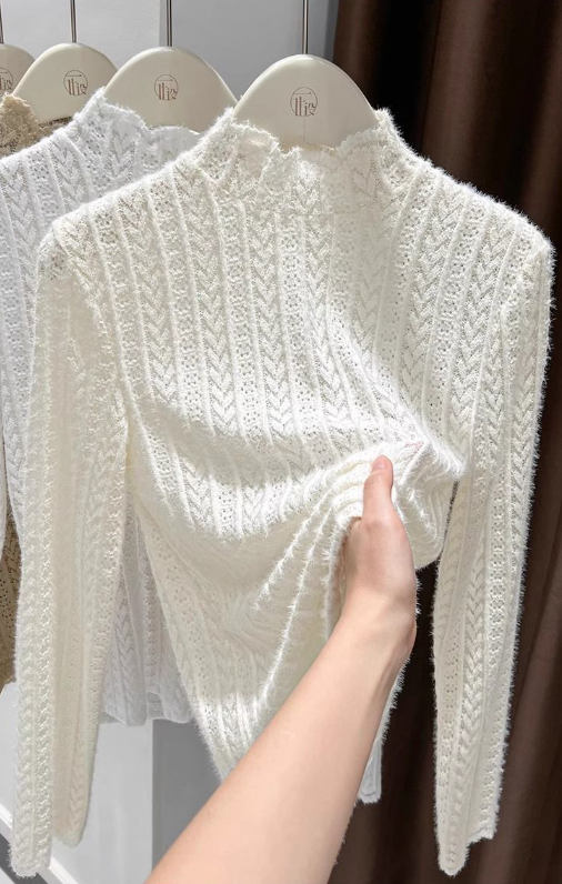 Beige Soft Knit Fluffy Texture Lace High Neck Layering Top