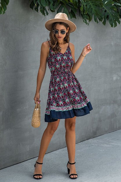 Sale - Navy Floral V Neck Spaghetti Strap Dress