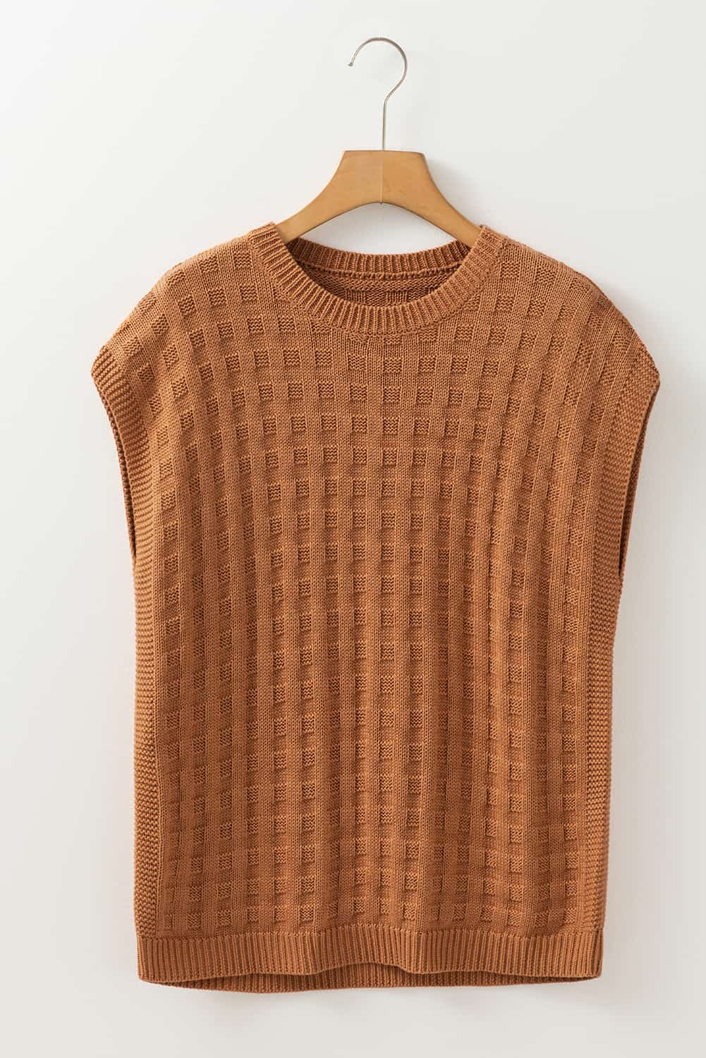 Brown Round Neck Textured Knit Sweater Top