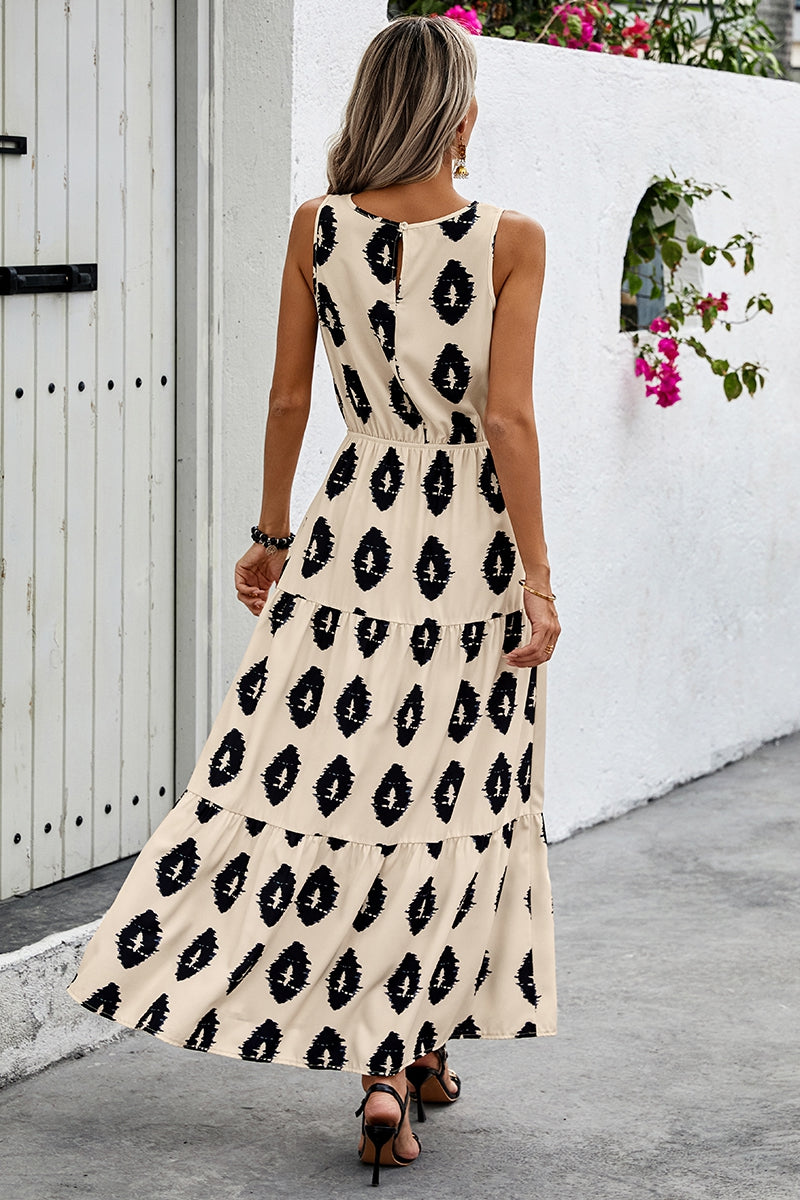 Beige Sleeveless Printed Ruffle Maxi Dress