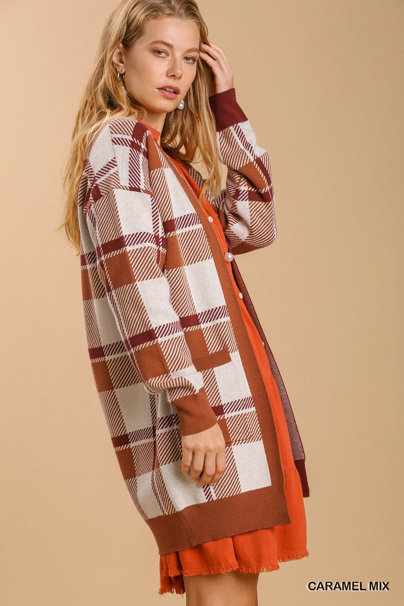 Caramel Mix Plaid Long Sleeve Cardigan