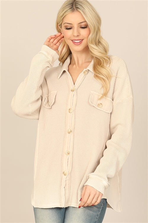 Taupe Knitted Collared Button Down Jacket Top