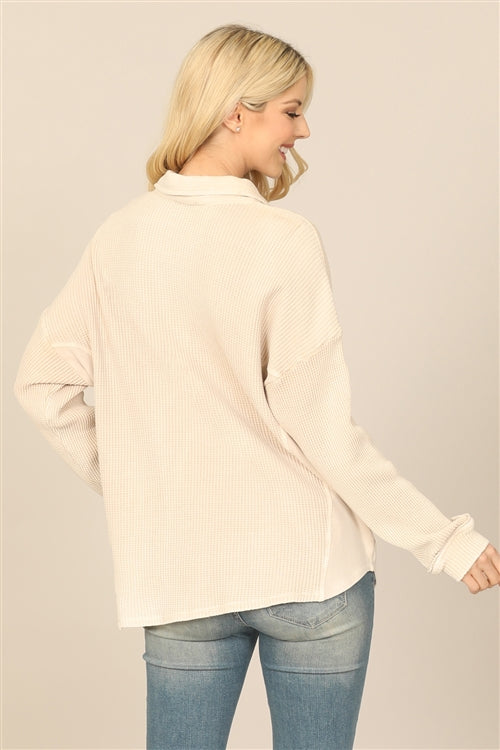 Taupe Knitted Collared Button Down Jacket Top