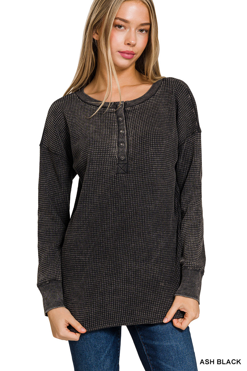 Ash Black Waffle Henley Long Sleeve Top