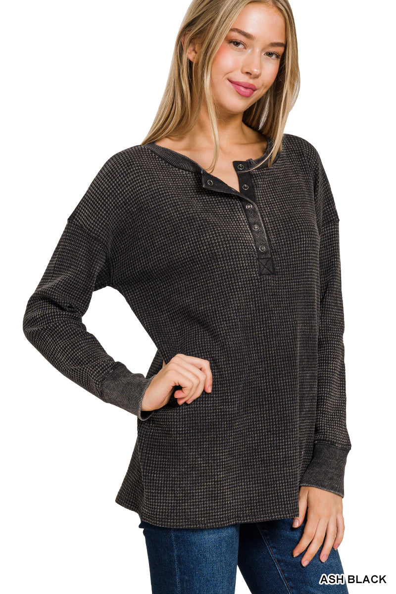 Ash Black Waffle Henley Long Sleeve Top