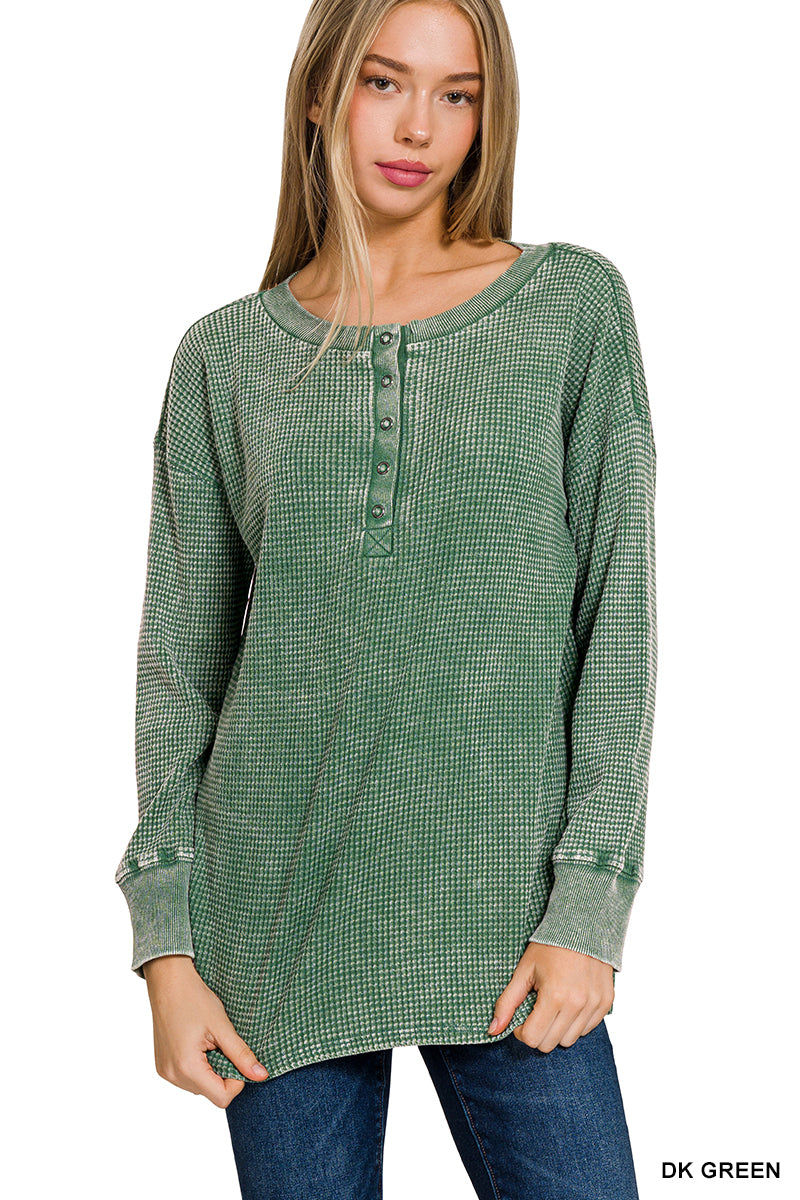 Green Waffle Henley Long Sleeve Top