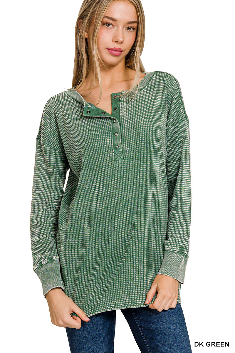 Green Waffle Henley Long Sleeve Top