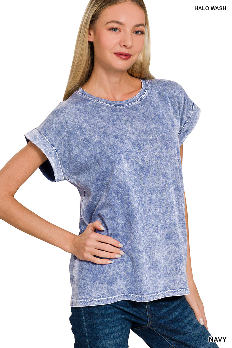 Navy Washed Cuff Sleeve Top