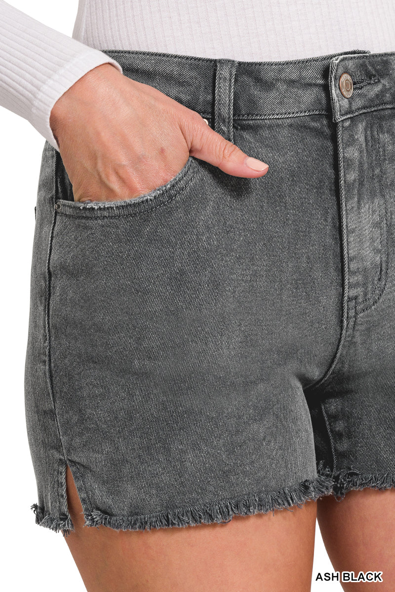 Ash Black Acid Washed Black Frayed Cutoff Hem Shorts