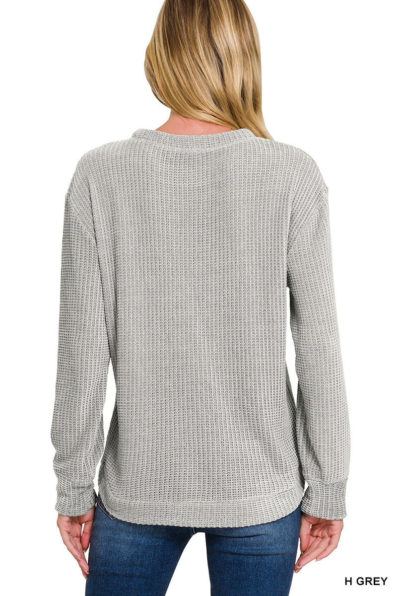 Heather Grey Chenille Waffle Round Neck Sweater