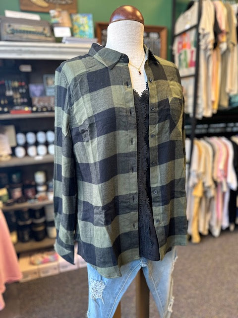 Sale - Beetle Green One Pocket Plaid Top