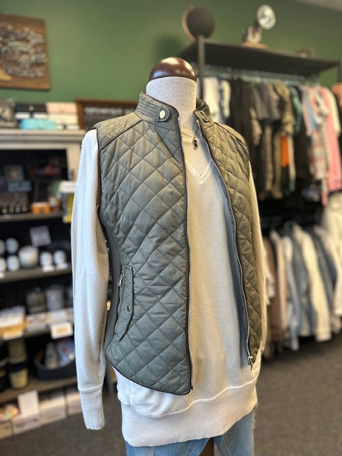 Sale - Olive Suede Piping Detail Side Rib Quilted Padding Vest